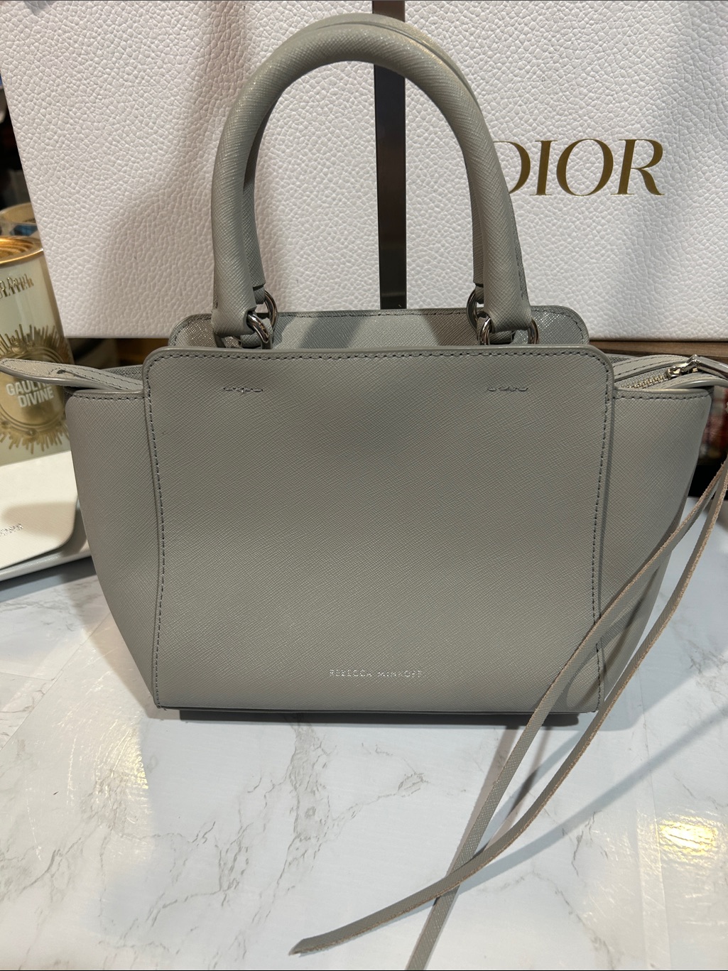 Rebecca Minkoff Light Gray Mini Satchel With Top Handles And Crossbody Strap